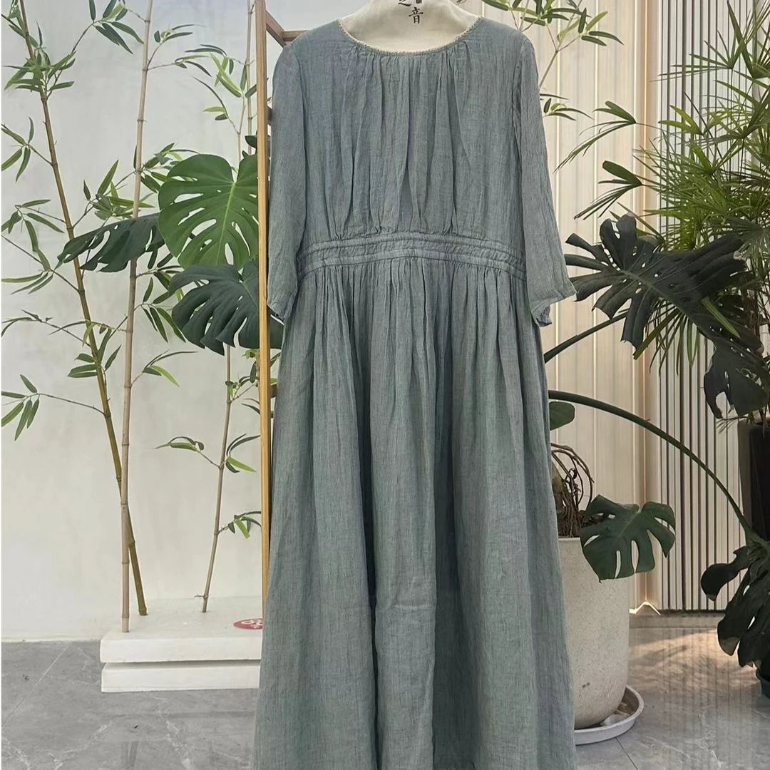 清之音【麻婆心-天空之城】新款宽松天然亚麻高级长款洋气连衣裙