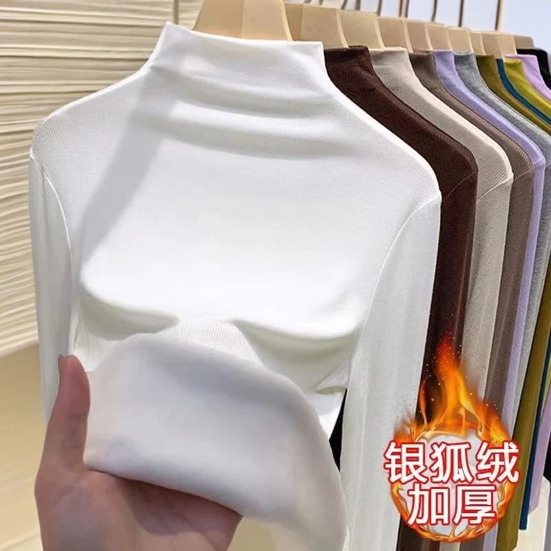 拉夏贝尔秋冬加绒半高领打底衫t恤修身网红显瘦洋气百搭时尚上衣