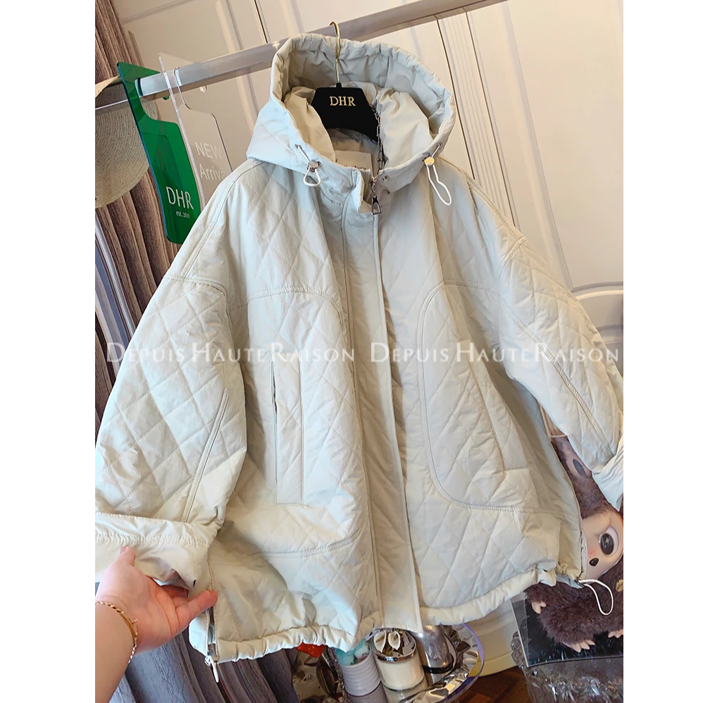 高级感连帽菱格棉服棉衣宽松休闲夹棉厚外套上衣女2025冬新款女装