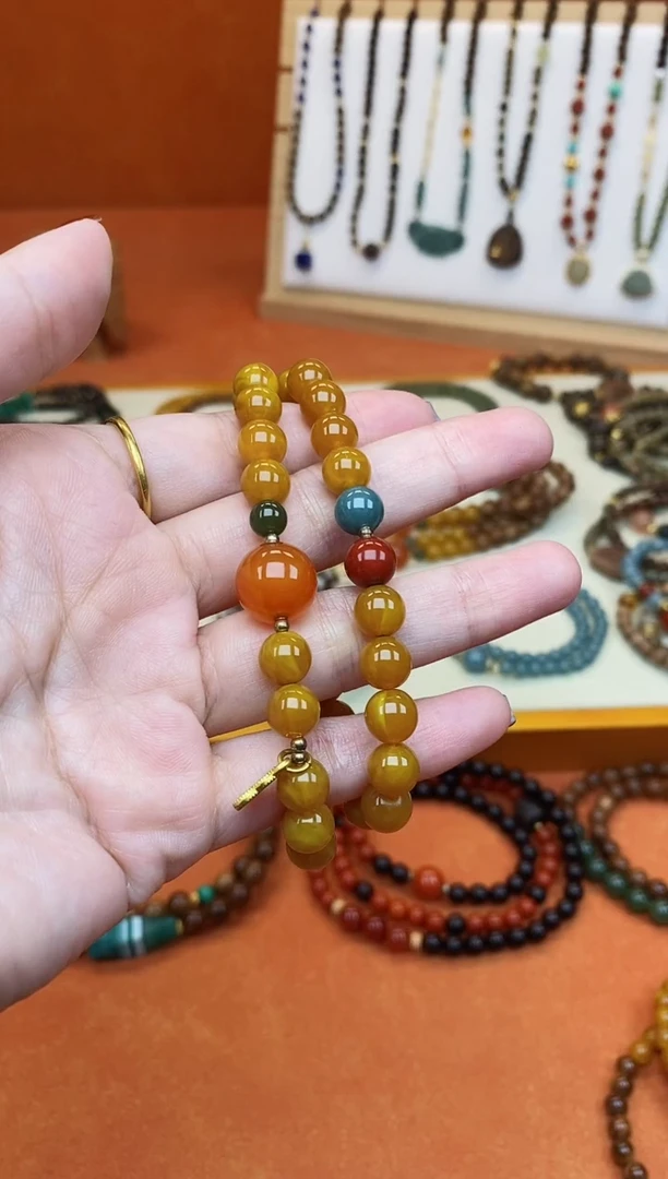 手链蜜蜡未镶嵌08老蜡精美设计双圈手串