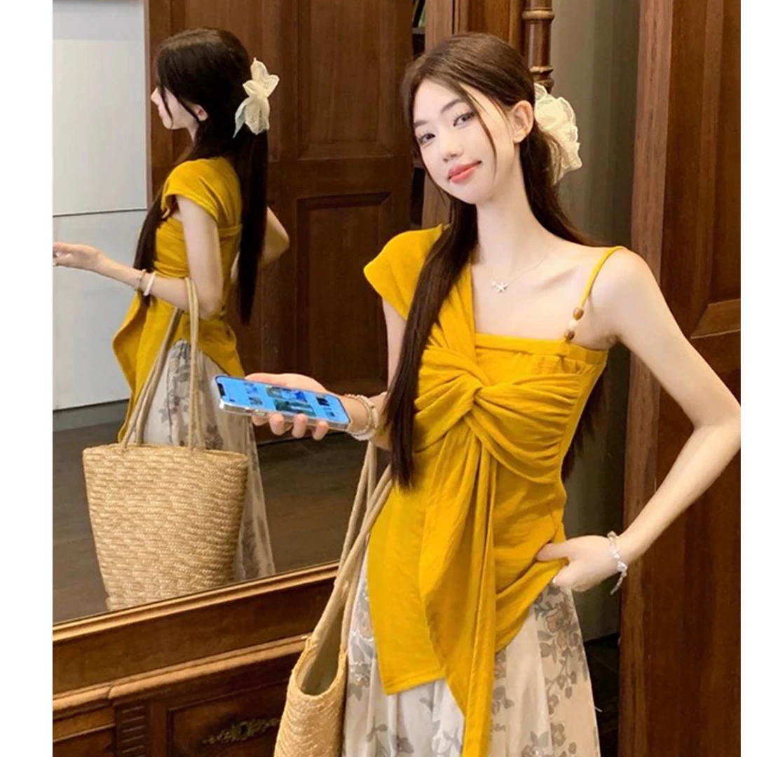 法式气质名媛风设计感不规则斜肩T恤女2025夏季新款时尚百搭上衣