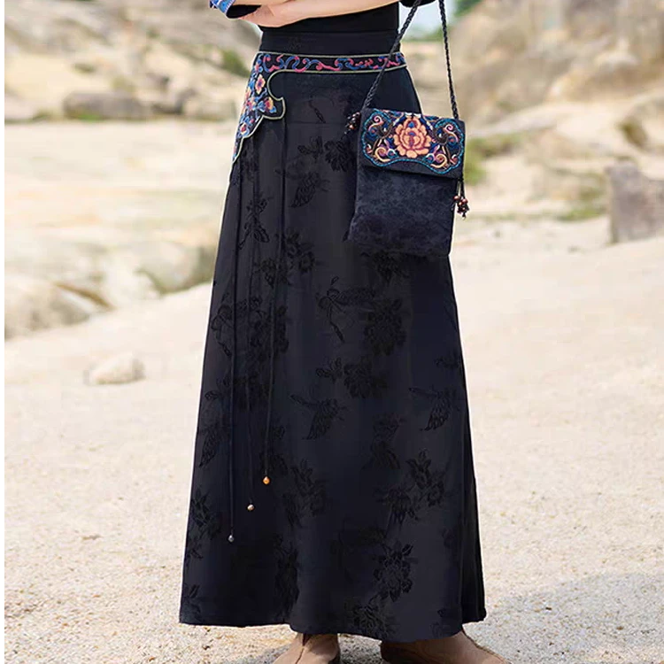 民族风女装显瘦大码半身裙夏季垂感提花气质中长款腰部刺绣大摆裙