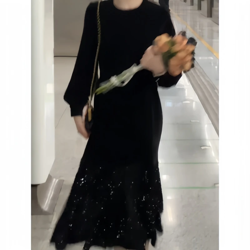 秋季气质风静奢风鱼尾百搭拼接爆闪时尚连衣裙长裙设计百搭休闲裙