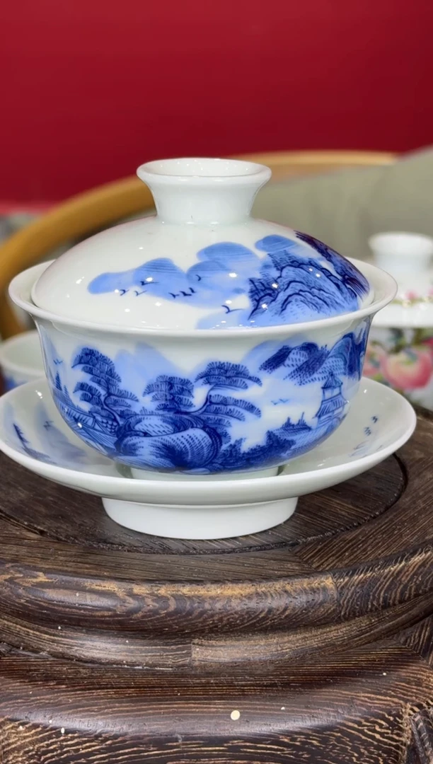 瓷011函夏非遗青花山水三才盖碗