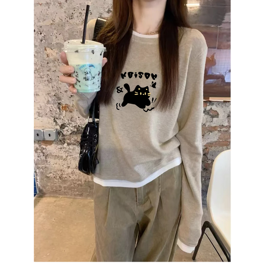 女秋冬季内搭慵懒松弛感外穿打底长袖t恤上衣假两件圆领磨毛加厚