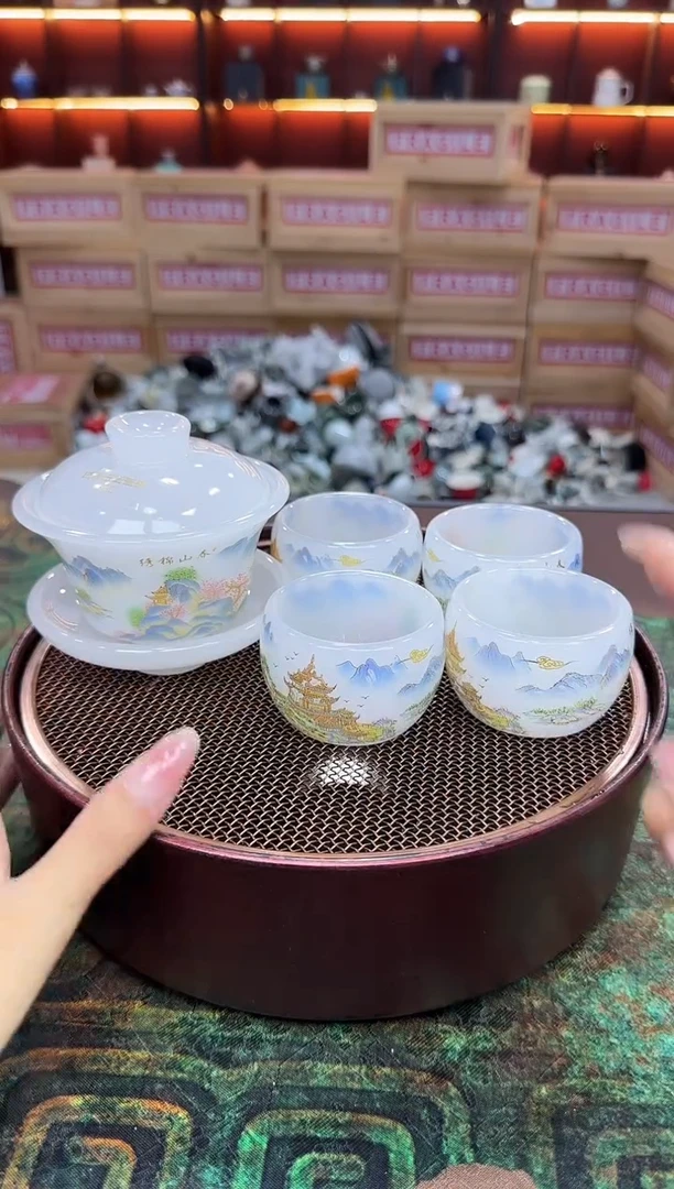 琉璃-锦绣山春盖碗四杯