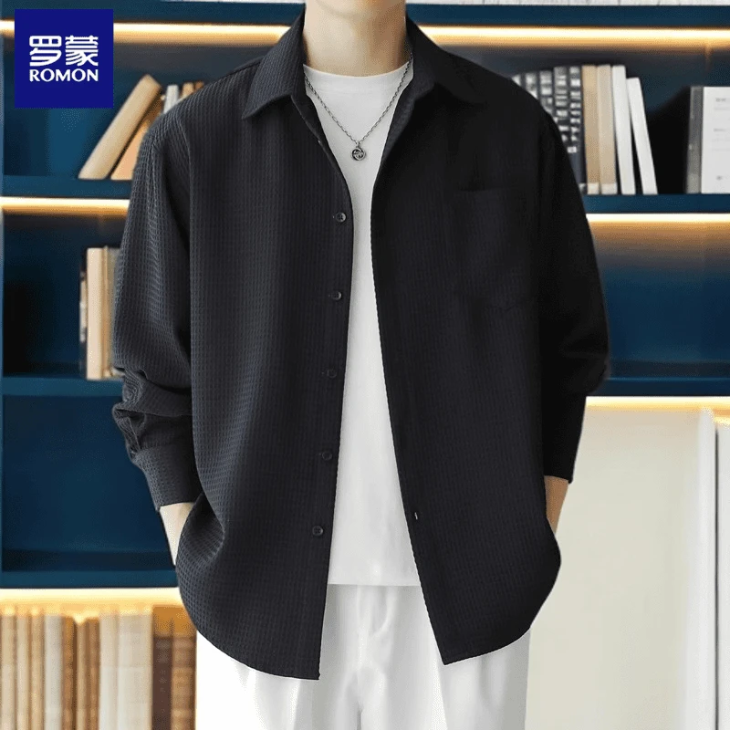 Romon/罗蒙男士纯色休闲长袖衬衫秋季新款潮流衬衣外套华夫格上衣