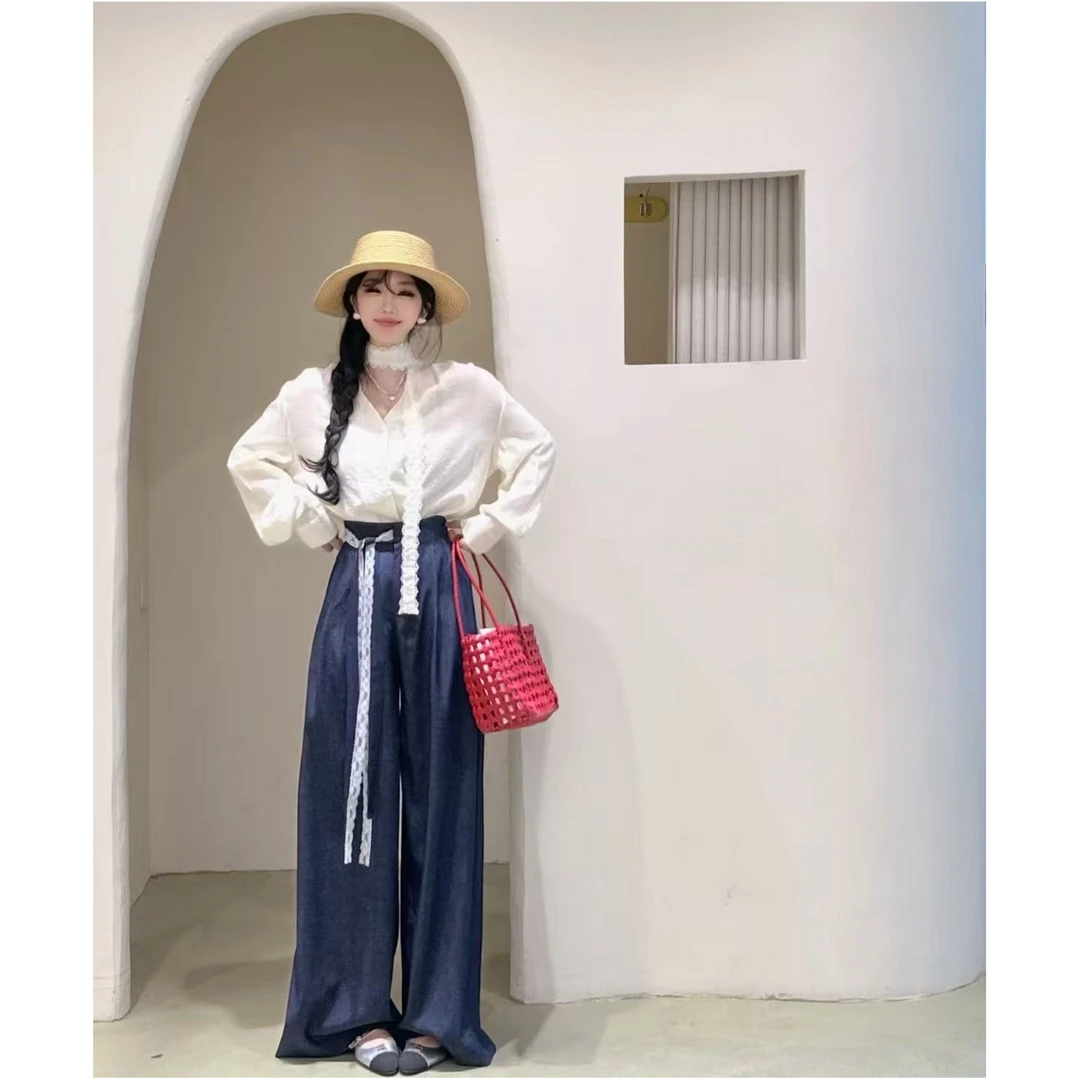 法式蕾丝花边V领上衣套装女一整套ootd穿搭春季新款裤子两件套潮