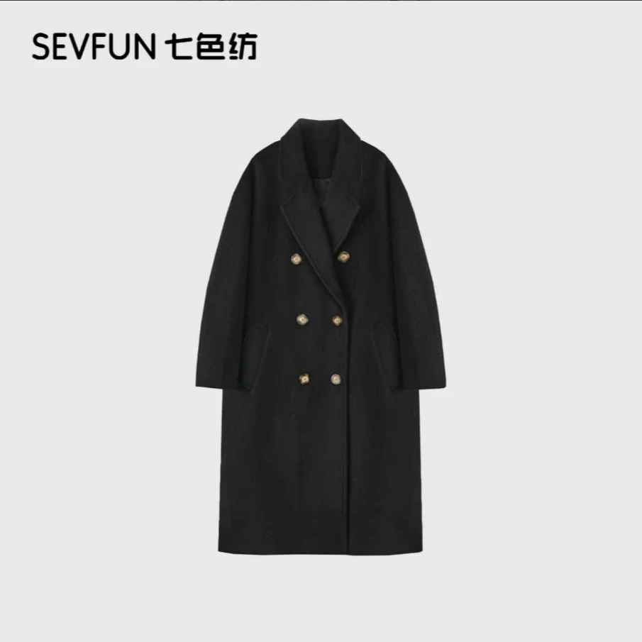 七色纺女毛呢外套金属正肩H型外套翻领双排扣经典冬季QSF-1308