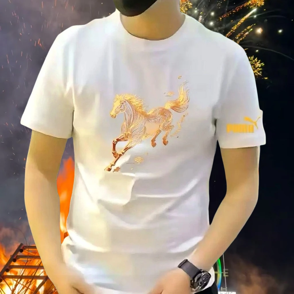 本命年红色民族风短袖圆领男士潮流百搭个性上衣修身半袖