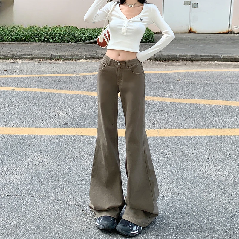 美式高街咖绿色微喇牛仔裤女秋冬季高腰显瘦小个子窄版垂感阔腿裤