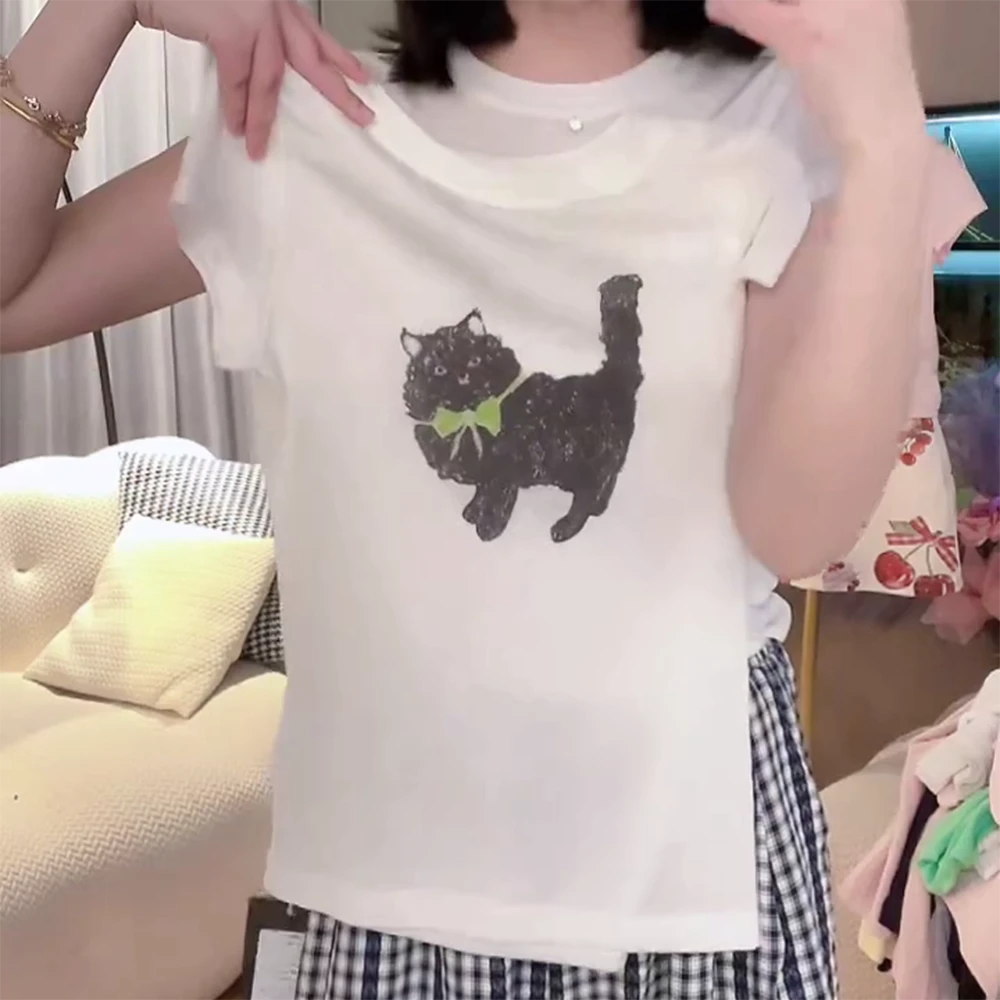 【绿领带小猫薄款】流行圆领短袖T恤休闲上衣夏季印花白色
