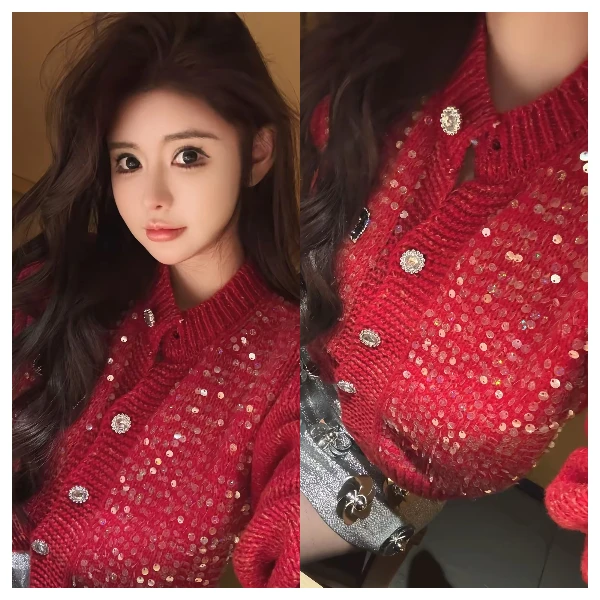 慵懒风重工短款毛衣女洋气新款法式亮片圆领百搭针织开衫外套