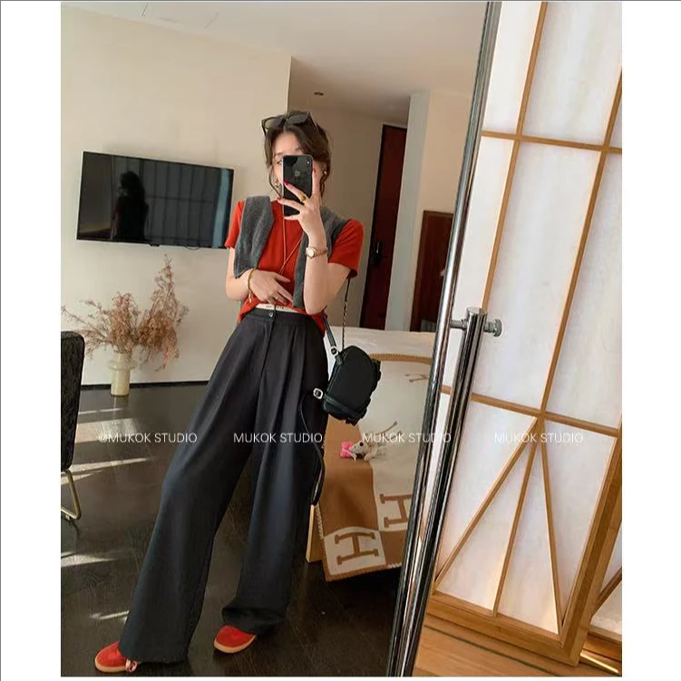 高腰显瘦垂感休闲西装裤小个子女春宽松直筒长裤2501