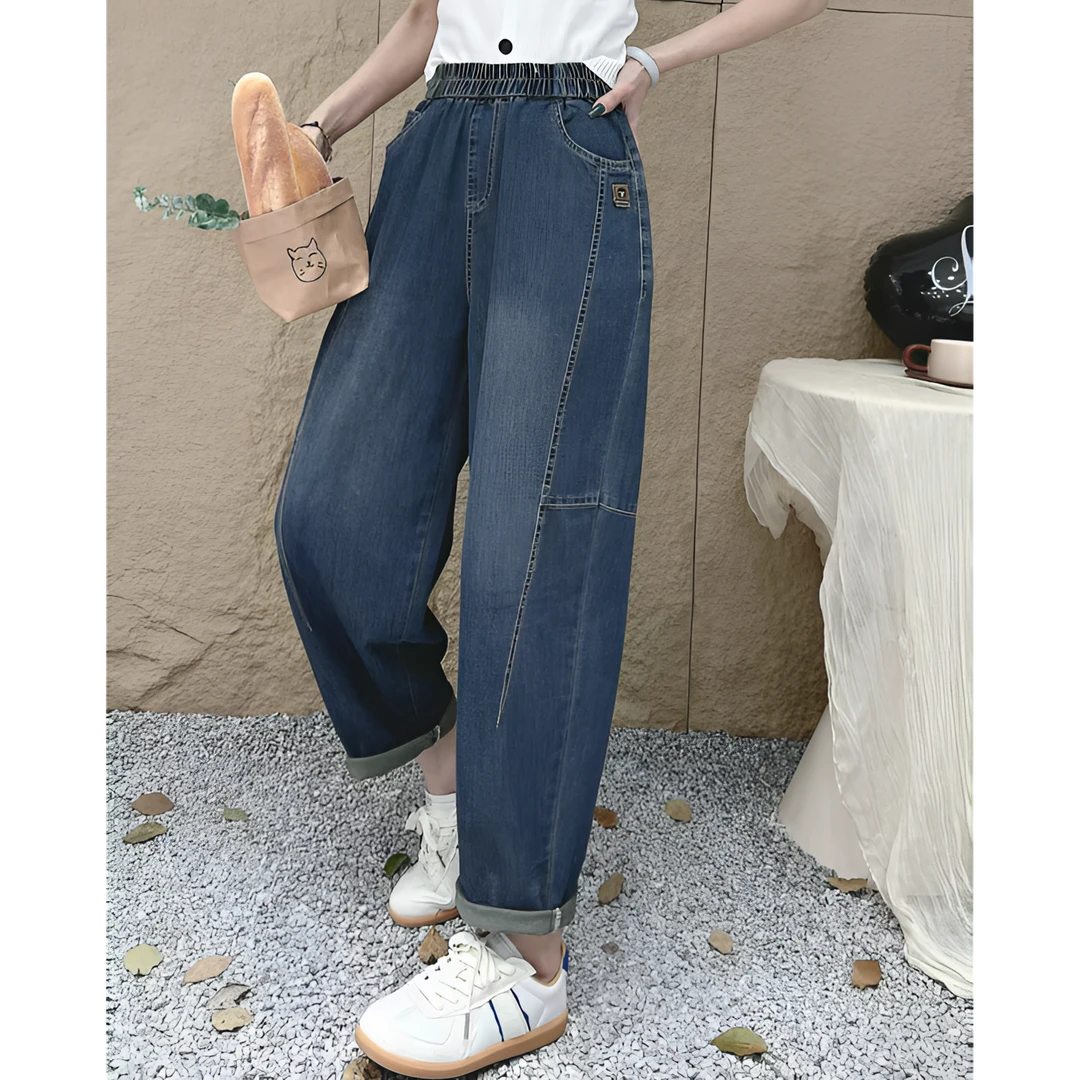 小施家夏季南韩复古拼接设计松紧腰牛仔老爹裤6582