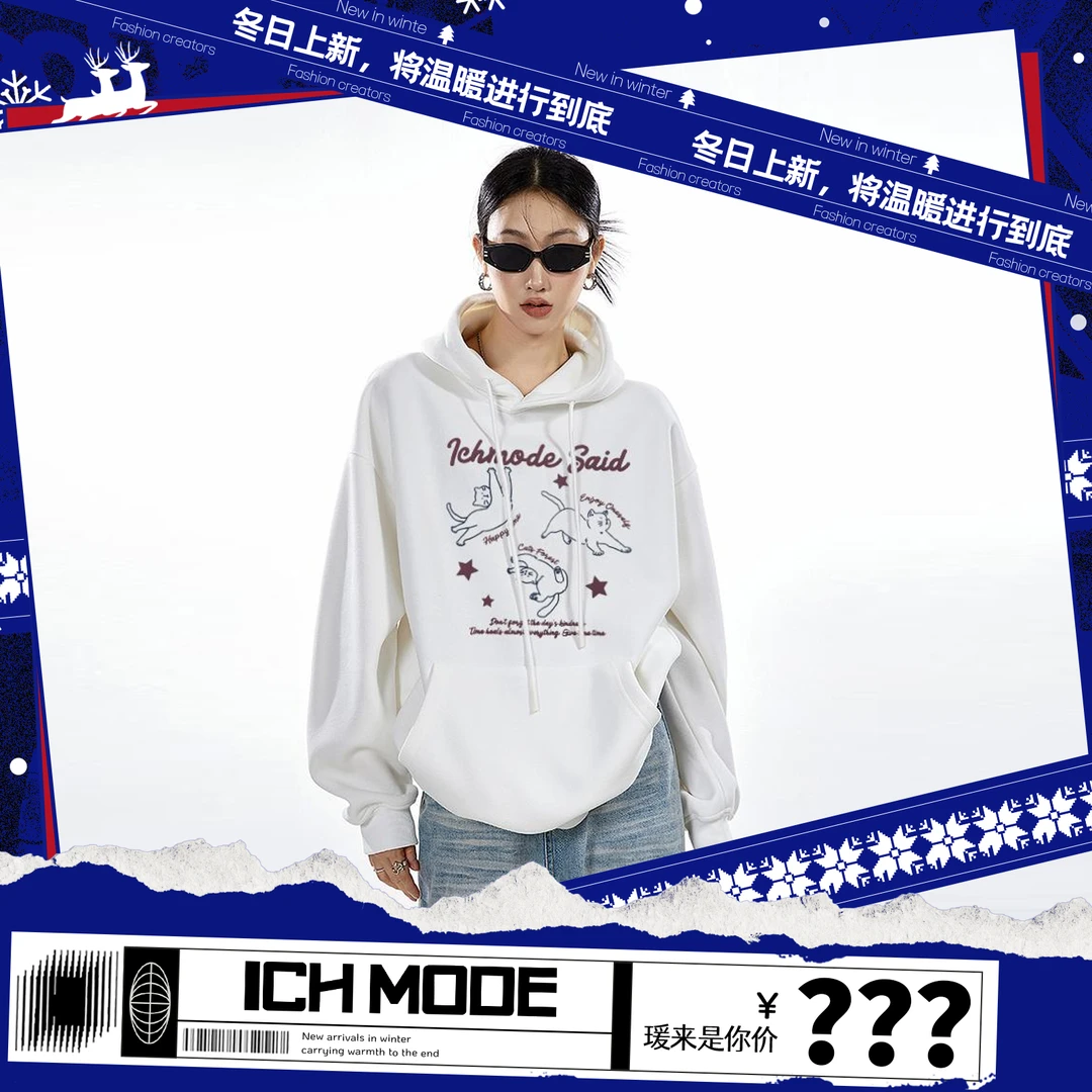 ICHMODE线条小猫加绒卫衣