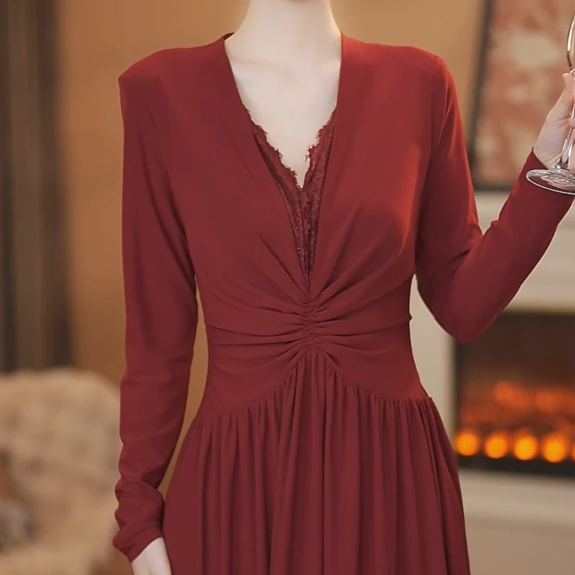 【汤媛】 斜阳夕照 法式高级感V领高腰设计显瘦长裙-HZ1103