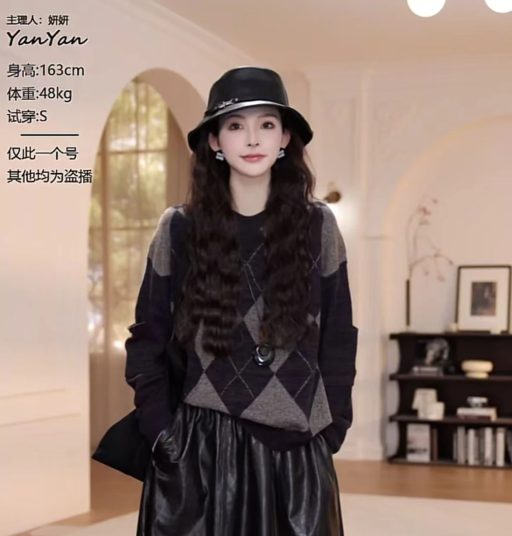 【YANYAN】早秋新款拼色棱形格毛衣长袖YY-8879