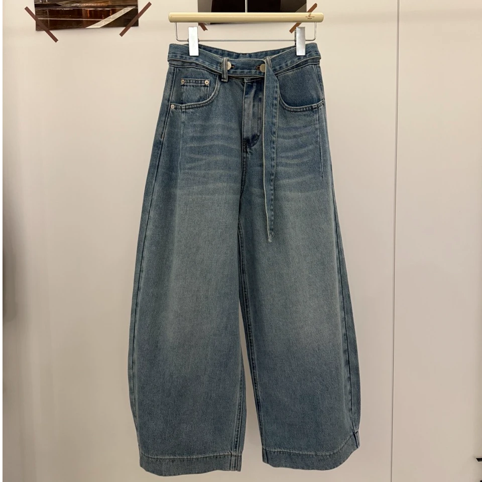 F.A[日记]高腰系带阔腿牛仔裤春季复古时尚潮流休闲百搭宽松韩版