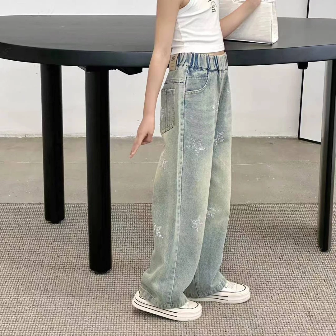 女童牛仔裤春秋款2024新款中大童春款修身直筒裤儿童宽松百搭