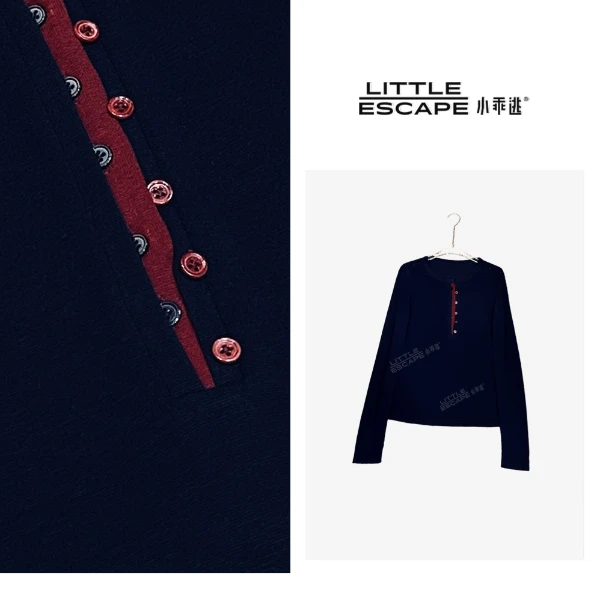 小乖逃休闲时尚百搭藏蓝T恤打底红色扣灰色T恤250891