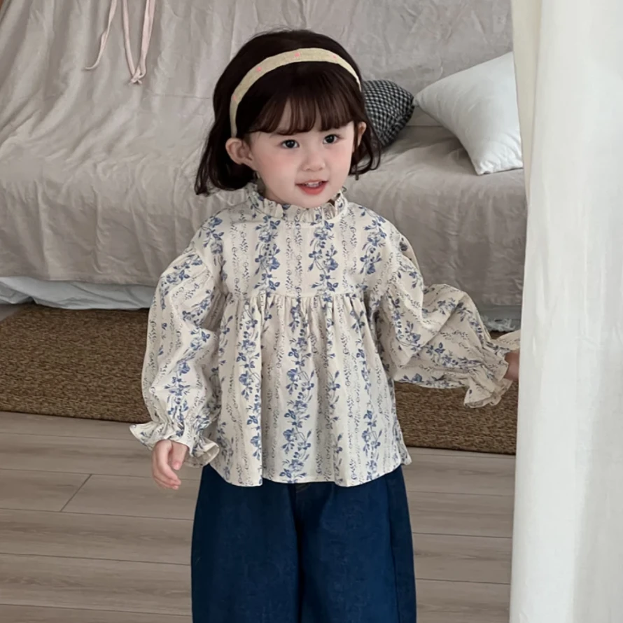 女童春季新款衬衣洋气女宝宝春款休闲碎花泡泡袖百搭衬衫