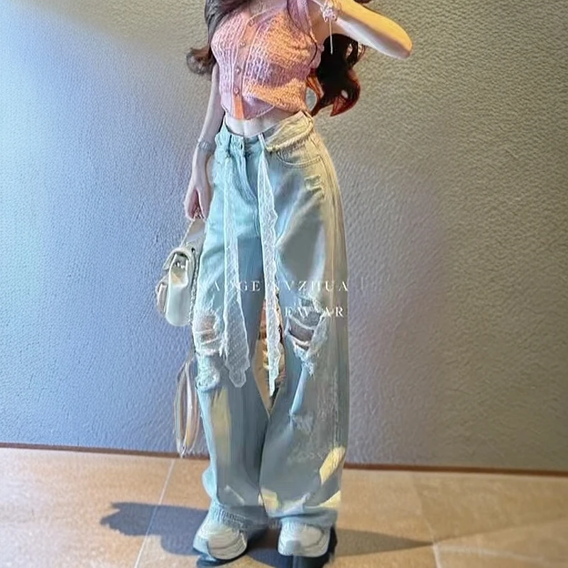 2025春季新款破洞高腰阔腿牛仔裤女宽松垂感显瘦直筒拖地休闲百搭