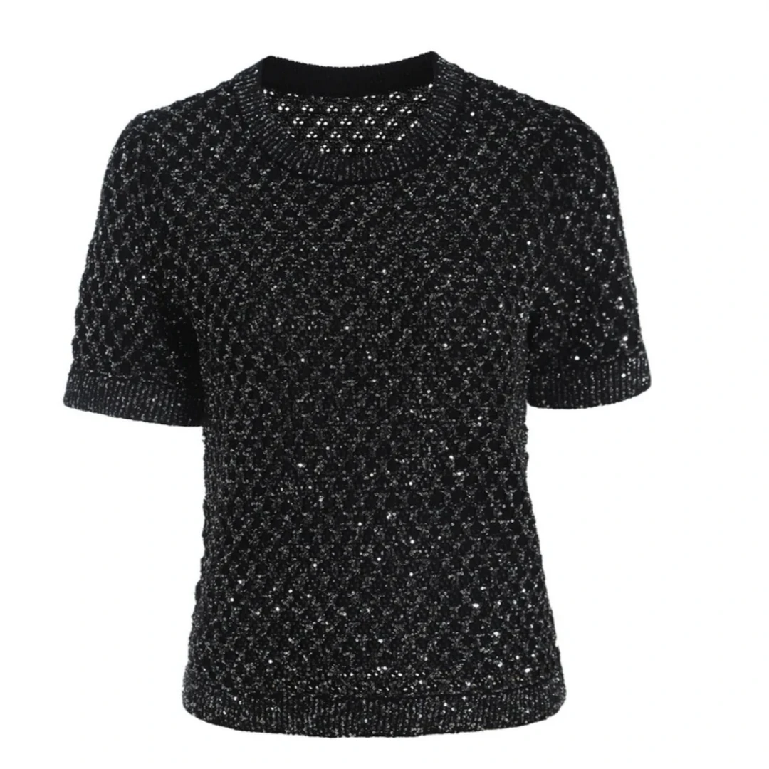 0020重工亮片装饰上衣蕾丝时尚休闲百搭打底黑色镂空圆领