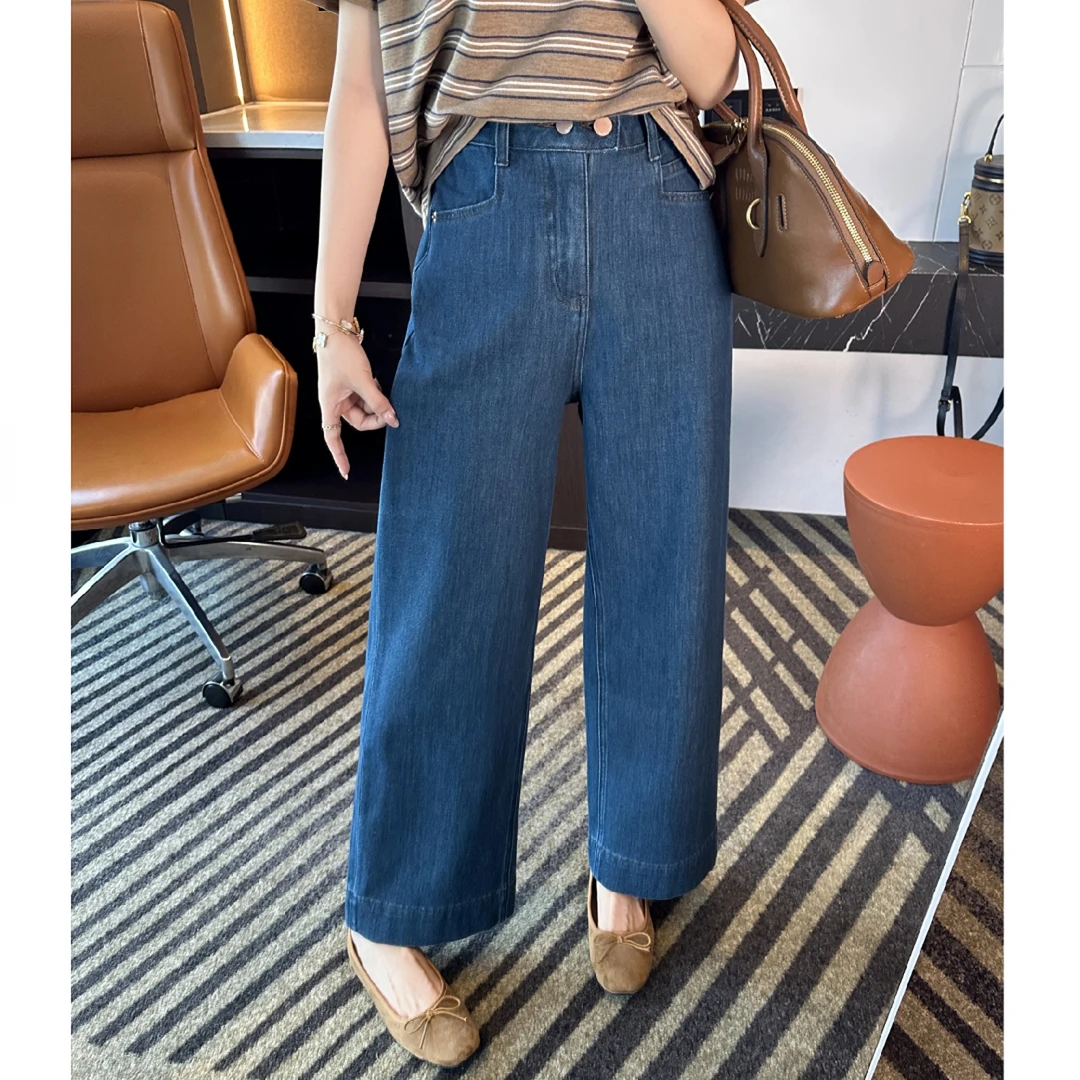 直腿神裤~复古蓝双扣高腰直筒牛仔裤女秋款小个子弹力阔腿九分裤