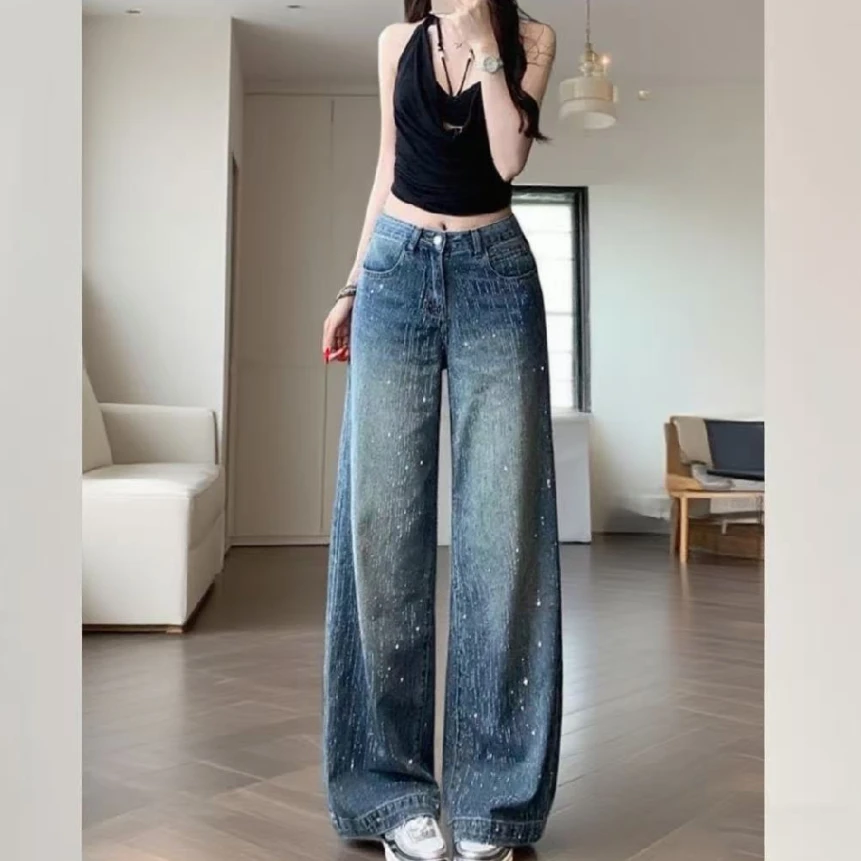 【滢姐奢品仓】新款重工烫钻牛仔满天星阔腿裤设计感小众韩版B2027