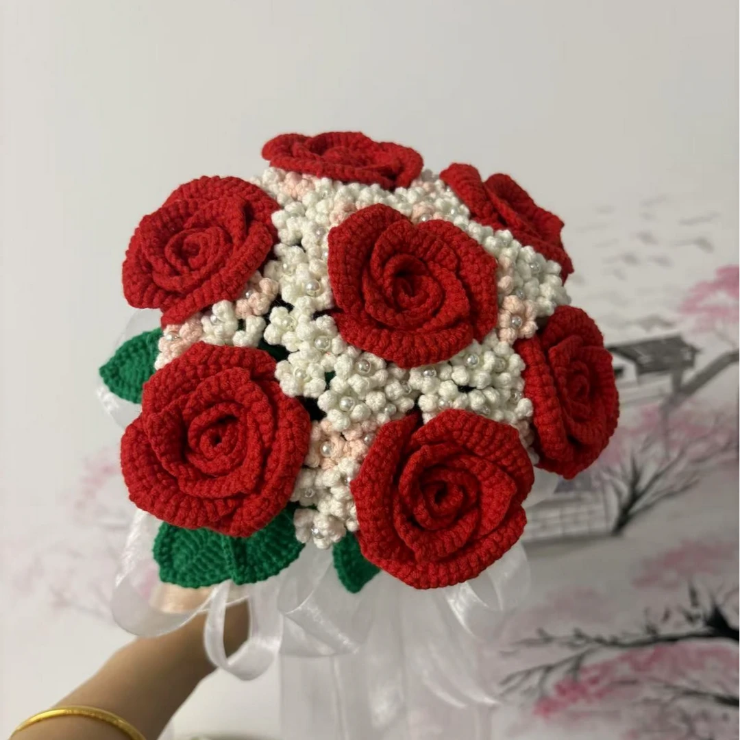 婚礼手捧花DIY材料包成品手工钩织毛线永生花礼物婚庆用品玫瑰花