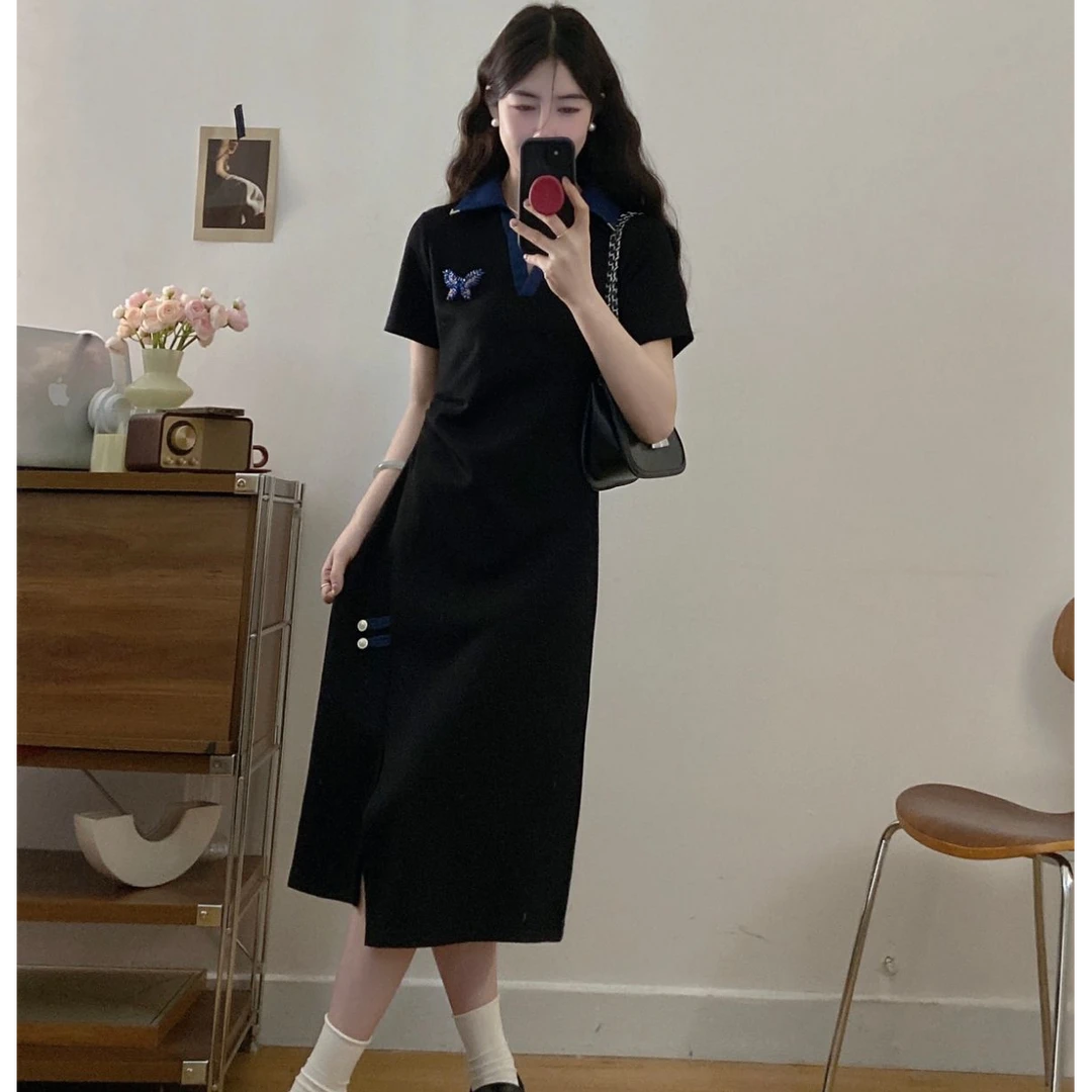 POLO领纽扣褶皱常规拉链夏季欧美风高腰一字肩显瘦藏肉大码连衣裙