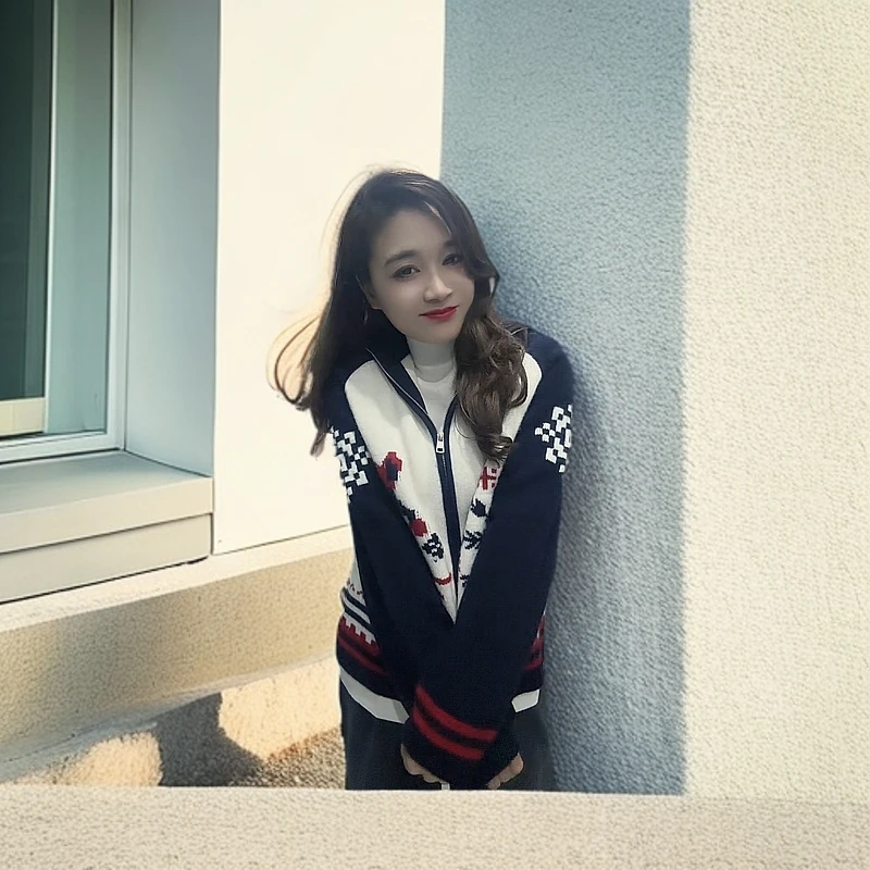 秋冬新款时尚设计款气质百搭开衫翻领外套费尔岛毛衣提花加厚针织