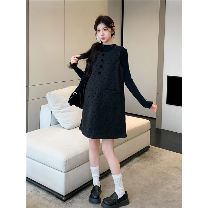 孕妇装秋冬半高领针织打底衫小个子韩系波点毛呢背心连衣裙两件套
