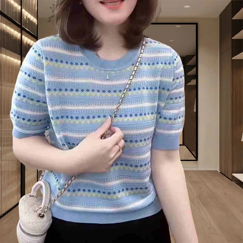 撞色条纹设计感2025夏季新款短袖恤女大码冰丝圆领正肩针织衫潮