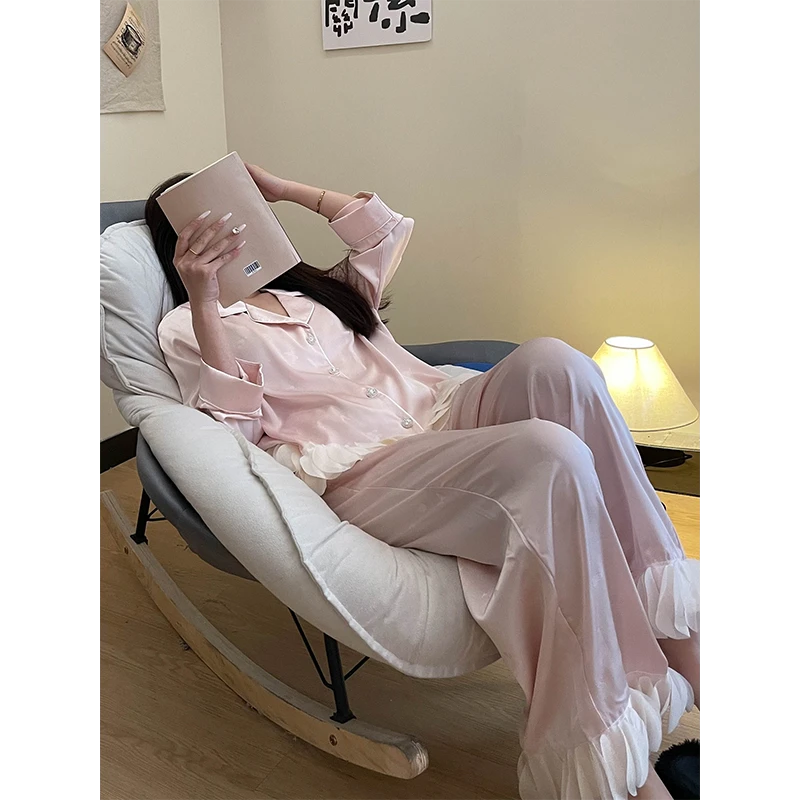 【轻奢花边】法式高级缎面冰丝睡衣女春秋款2025年新款家居服套装