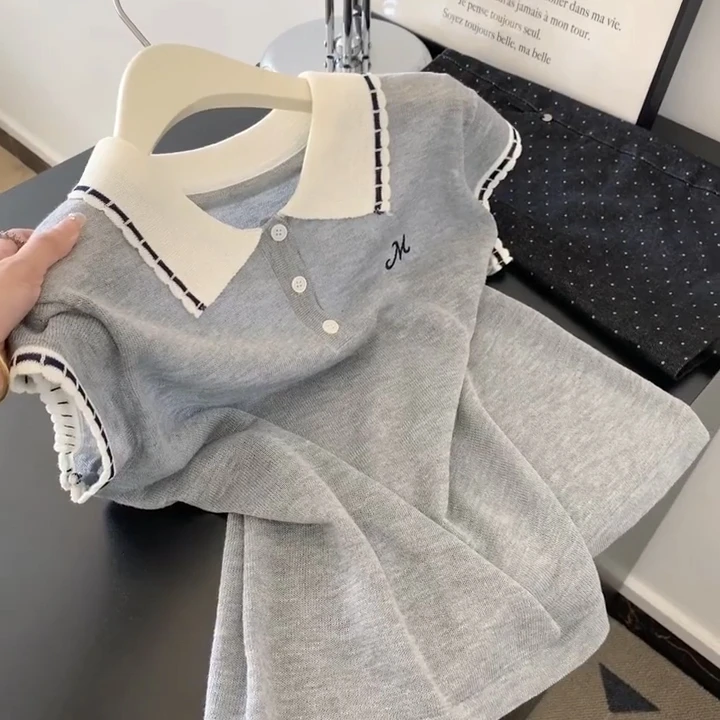 法式灰色花边翻领针织短袖T恤女夏季新款休闲宽松显瘦polo衫上衣