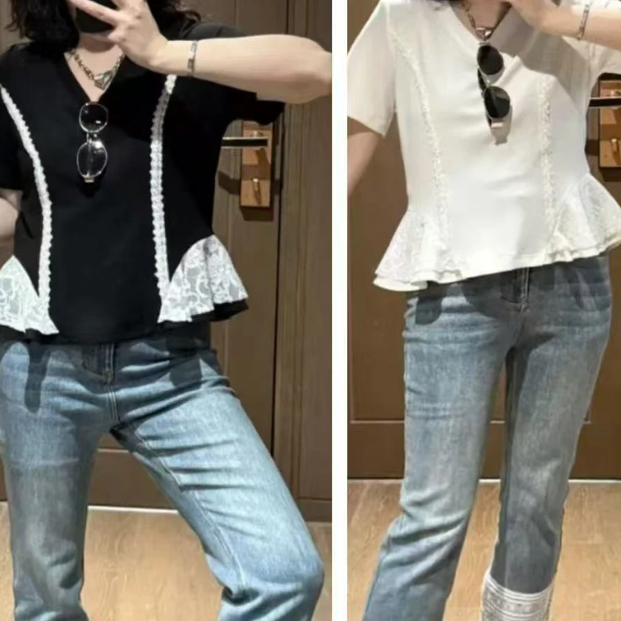 小众欧货高品蕾丝拼接V领设计百搭时尚显瘦T恤女