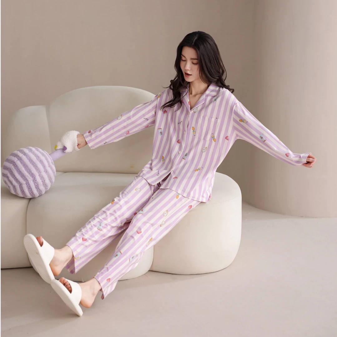 2024新款莉莉女士加厚纯棉紫色条纹开衫长袖睡衣家居服套装可外穿