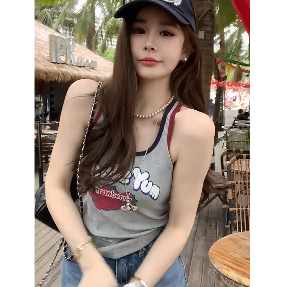 Not defi美式印花撞色无袖吊带背心女夏季修身显瘦甜辣妹短款上衣