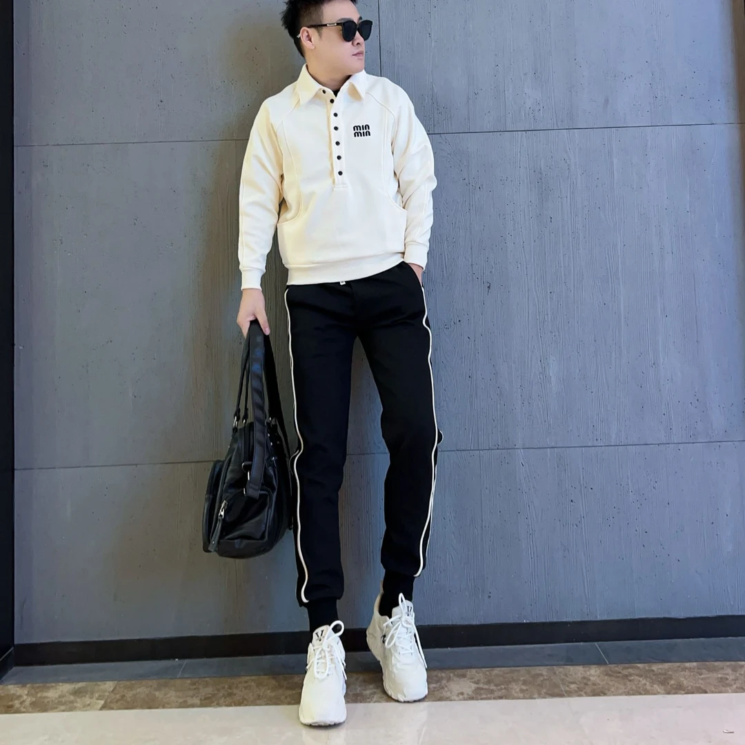 高品质商务男士休闲两件套时尚刺绣polo衫上衣束脚裤一整套套装