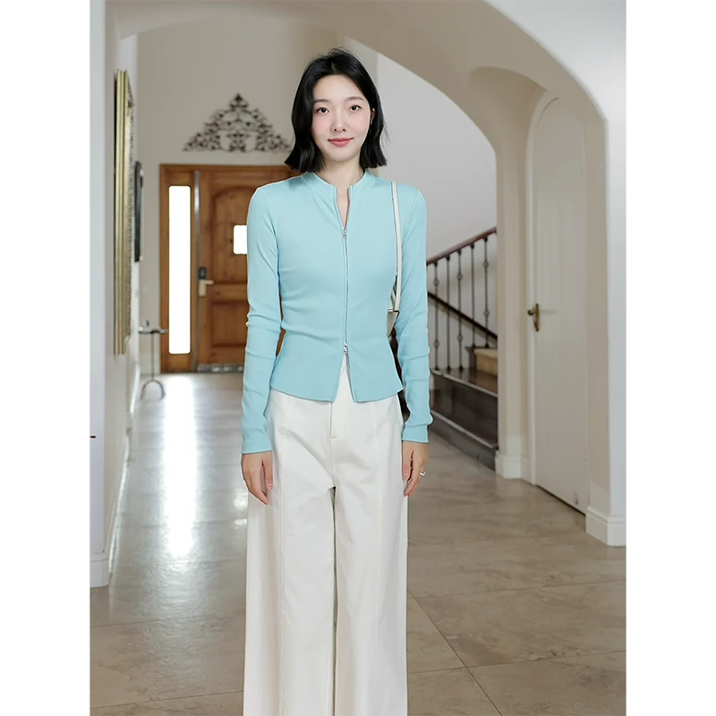 郭九九呢  棉修身显瘦显白简约长袖开衫百搭直筒阔腿裤G925T03529