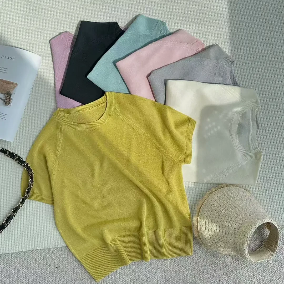 2025夏季新款韩版百搭修身显瘦时尚女纯色圆领针织短袖上衣W1-84