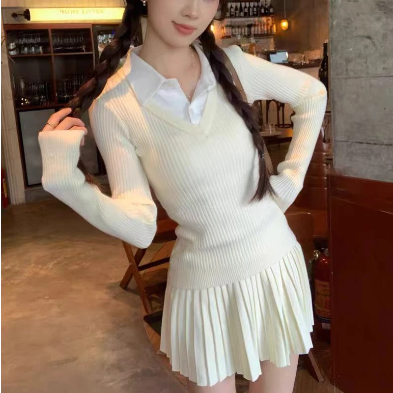 千金学院风针织套装女秋冬新款衬衫领假两件打底毛衣半身裙两件套