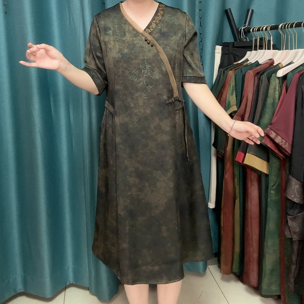 夏季新款V领国风修身显瘦连衣裙