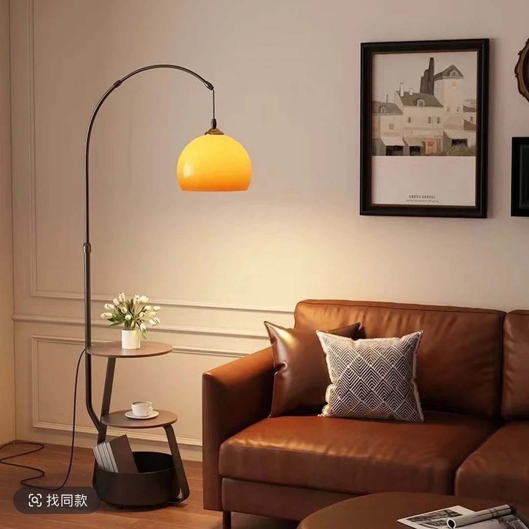 中古风客厅钓鱼落地灯复古沙发卧室床头柜置物一体氛围琉璃柚子灯