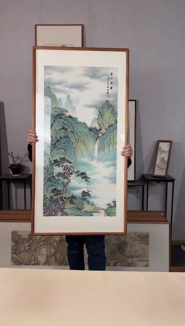 国画手绘*云山清韵*62*122cm原木色木框