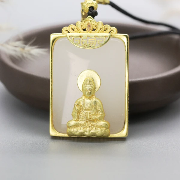 天然新疆玉石观音玉吊坠金丝玉挂件男士无事牌真品直播间玉Y857