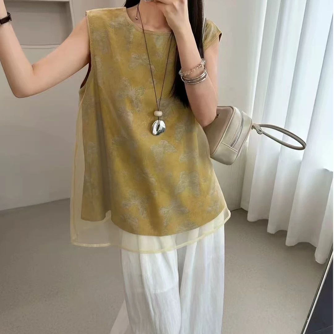 卿柒家 新中式国风圆领无袖2025夏季新款宽松百搭显瘦坎肩上衣