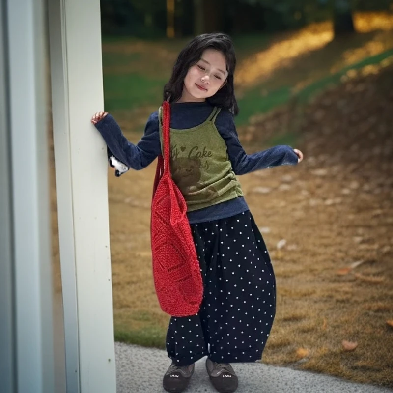 女童秋款套装2025秋季新款网红韩版针织百搭上衣时尚波点老爹裤潮